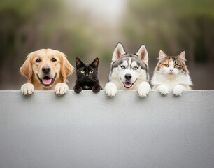 Perros y gatos están apoyados en un muro mirando felices y juntos