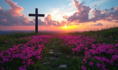 A wooden cross stands sentinel amidst a field of vibrant pink flowers at sunset