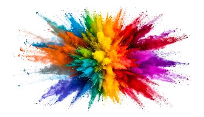 A vibrant explosion of colorful powder erupts outwards from a central point, creating a stunning, dynamic burst against white