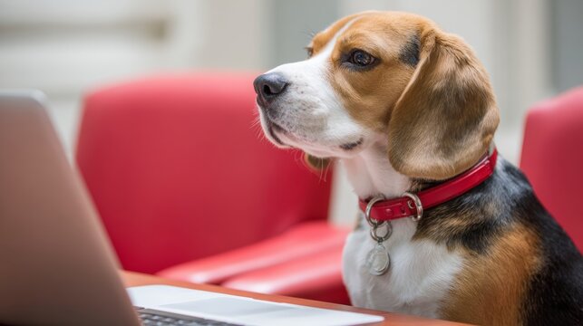 Beagle dog sitting at desk with laptop in office environment