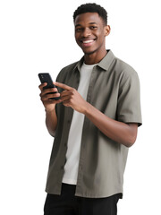 Smiling man holds phone with transparent background for easy use.