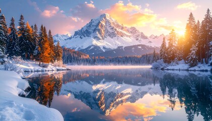 A serene winter landscape showcasing a tranquil lake reflecting majestic snow-capped mountains at sunrise.