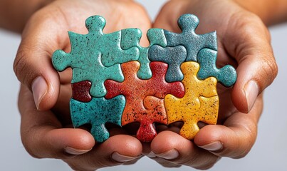 Hands holding a colorful jigsaw puzzle