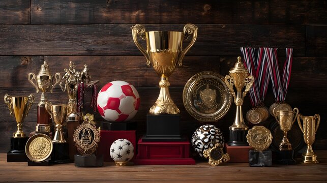 Trophy and Medal Collection on Wooden Background – Sports Awards