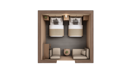 Cozy small room interior with two twin beds and a comfortable couch, perfect for shared accommodation