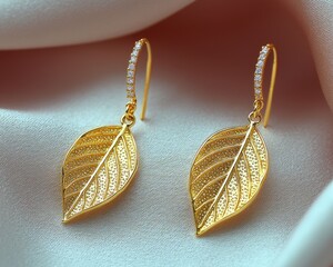Delicate gold leaf earrings on a blush-toned fabric
