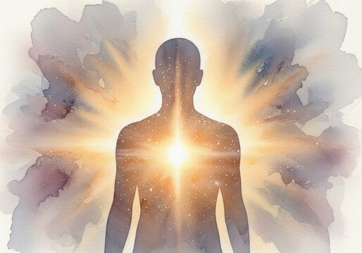 watercolor painting of human silhouette with glowing core of light. starry universe inside body symbolizes inner strength, energy, and spirit. wellness, psychology, spiritual blog.