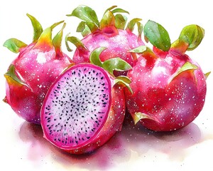 Watercolor illustration of vibrant pink dragon fruit
