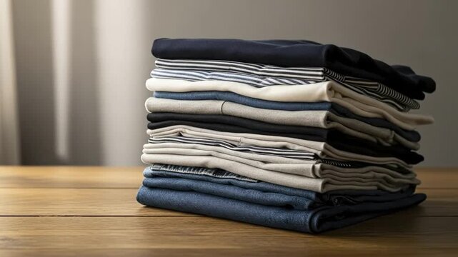 A tall stack of neatly folded clothing in various colors and patterns sits on a textured wooden surface illuminated by soft light