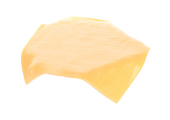 Flying thin cheese slice for cheeseburger, isolated on transparent background. Tasty food ingredient for burger, sandwich, cooking, and design
