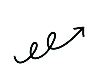 Black hand drawn curly arrow pointing upward for highlight, note design, presentation element, scrapbook accent, and creative poster decoration on transparent background