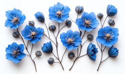 Delicate arrangement of vibrant blue flowers on a white background