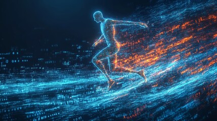Futuristic digital human hologram running in cyberspace with light trails
