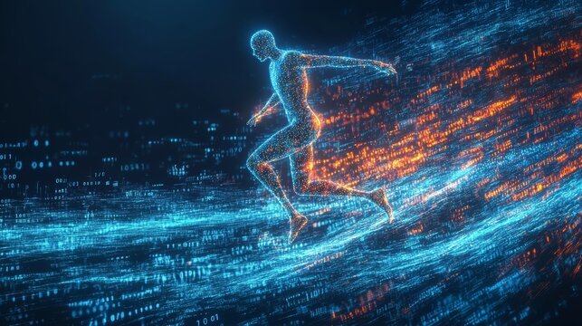 Futuristic digital human hologram running in cyberspace with light trails