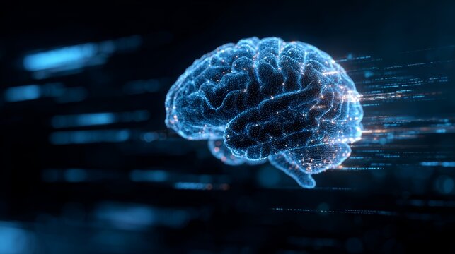 Futuristic digital brain with glowing data streams on dark background - Powered by Adobe