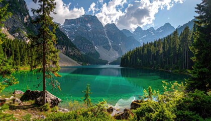 Scenic Mountain Lake with Emerald Green Water Lush Forest and Snow Capped Peaks Under a Partially Cloudy Blue Sky in Daylight