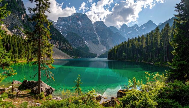 Scenic Mountain Lake with Emerald Green Water Lush Forest and Snow Capped Peaks Under a Partially Cloudy Blue Sky in Daylight