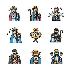 Nativity Scene Icons Mary Joseph Baby Jesus and Angels in Cartoon Style.