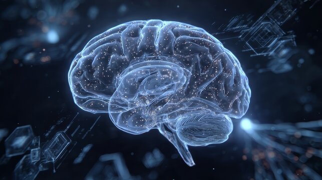 Futuristic glowing brain with digital connections in abstract space