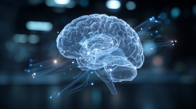 Futuristic digital brain with neural connections on a blurred background - Powered by Adobe