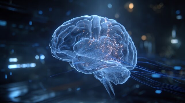 Digital brain hologram with neural network connections in futuristic setting