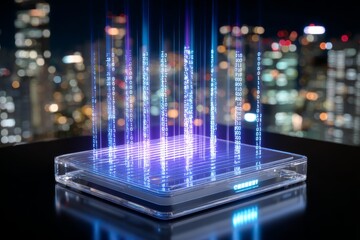 Futuristic holographic data projection above device against cityscape night view