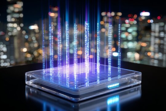Futuristic holographic data projection above device against cityscape night view