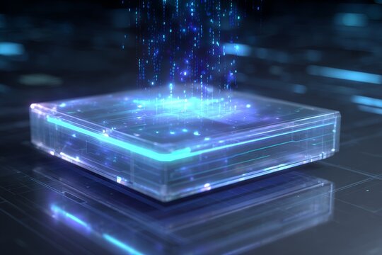 Futuristic holographic interface with data streams in technological setting