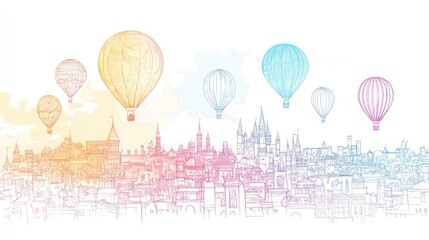 Colorful hot air balloons cityscape