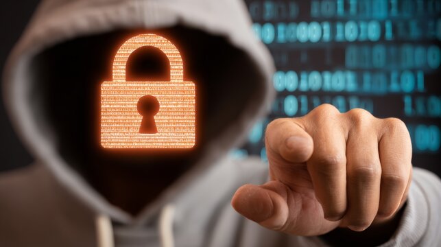 Hacker in hoodie with digital lock face pointing at viewer