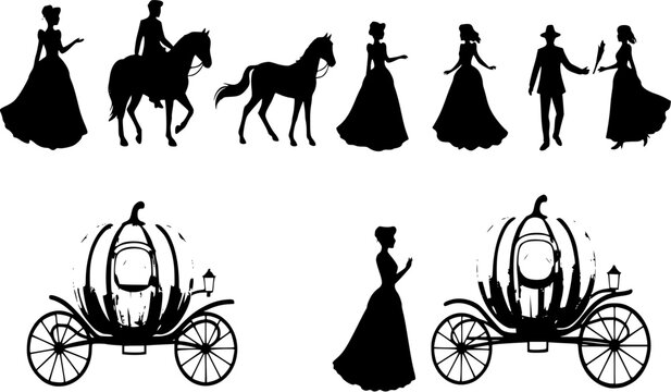 Fairytale Set - silhouettes of Cinderella, Pumpkin carriage with
