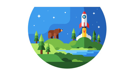 Obraz premium Brown bear and rocket launch in nature scene.