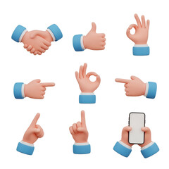 Set of 3d cartoon hands performing various gestures like shaking hands, thumbs up, okay sign, pointing, and holding a smartphone, isolated on white background