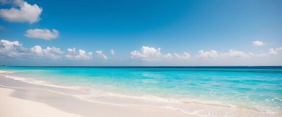 Fototapeta premium Gleaming white sand beach, turquoise water, sunny sky, peaceful, clean