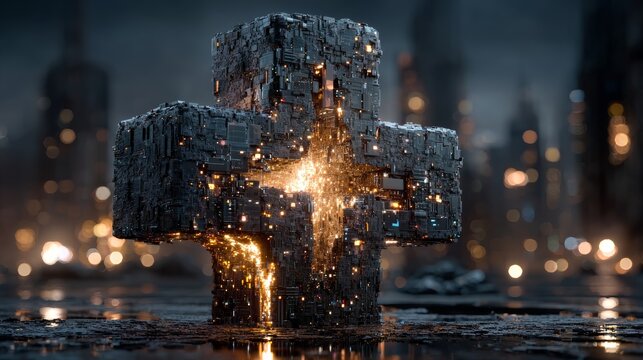 Futuristic cross structure with illuminated cityscape background at night
