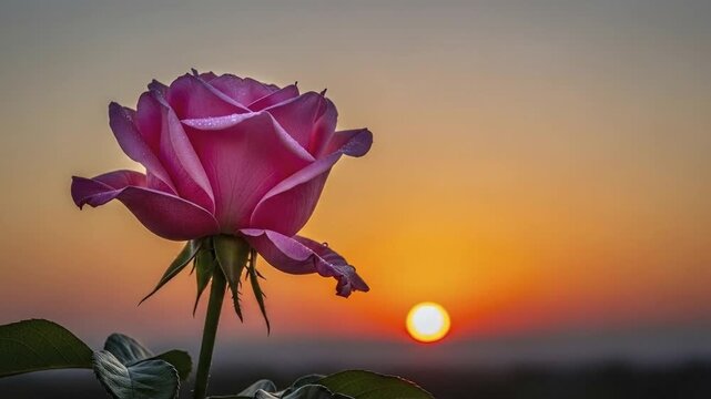 A vibrant pink rose with dew drops stands against a blurred sunset sky featuring a bright orange sun low on the horizon with dark foliage at the bottom