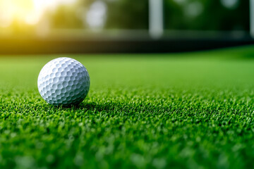 Obraz premium A close-up of a golf ball resting on vibrant green turf, illuminated by soft sunlight, creating a serene and focused golfing atmosphere.