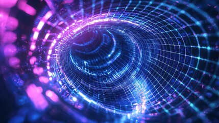 Obraz premium Vibrant glowing grid tunnel conveying high-speed data flow and technological advancement