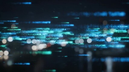 Abstract Data Stream Over Cityscape Lights Background Video, Digital Information Concept - Powered by Adobe