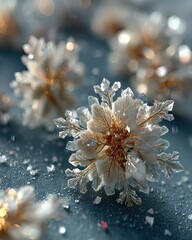 Intricate and Unique Frozen Crystal Snowflakes on a Sparkling Winter Surface