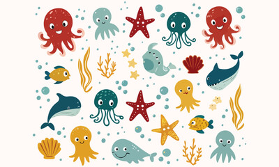 Cute Sea Life Clipart And Ocean Animals, Whales, Octopus, Starfish and Underwater Vector Set