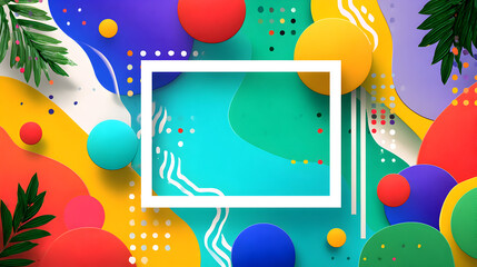 Obraz premium White square frame on an abstract background with colorful shapes and tropical leaves.