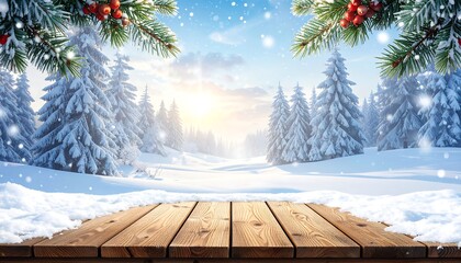 A breathtaking winter landscape displays snow-covered trees and a wooden surface, perfect for showcasing products.