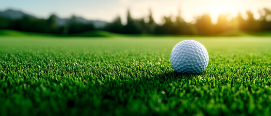 A close-up view of a golf ball resting on lush green grass, illuminated by sunlight, creating a serene and vibrant golfing atmosphere.