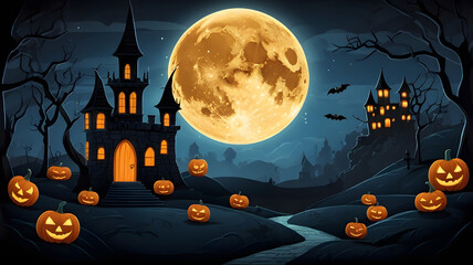 Eerie Halloween Night Landscape with a Haunted Castle, Luminous Full Moon, and Glowing Jack-o'-Lanterns, Perfect for Spooky Banners and Festive Posters