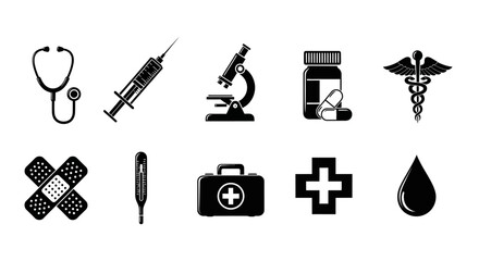 Fototapeta premium Black Silhouette Icon Set of 10 Medical Products Healthcare Vector Collection