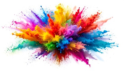 A vibrant, colorful explosion erupts outward from a central point against a stark white background, displaying various hues