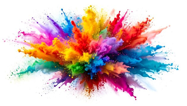 A vibrant, colorful explosion erupts outward from a central point against a stark white background, displaying various hues
