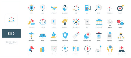 ESG, economy development and corporate company strategy of future color icon set. Global responsibility for environmental protection, renewable resources for industry flat vector illustration