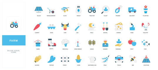 Fototapeta premium Farm and agriculture, crop cultivation in fields, renewable energy for farming color icon set. Farmers produce eggs and cheese, poultry and beef, organic vegetables and fruits flat vector illustration
